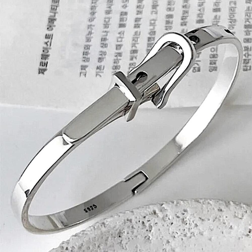 Sterling Silver Buckle Bracelet Bangle Adjustable Unisex Belt Geometric